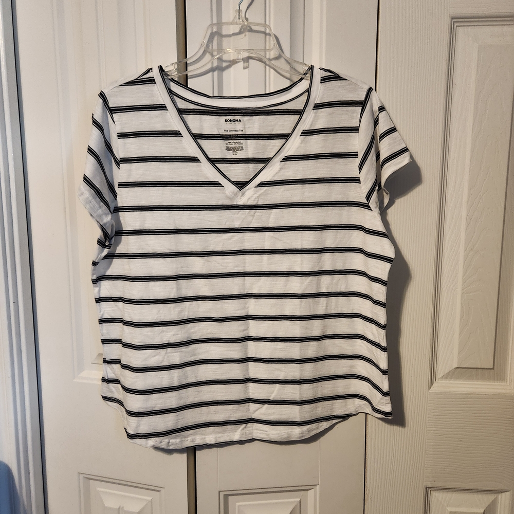Sonoma V-Neck Black and White Striped Tee
